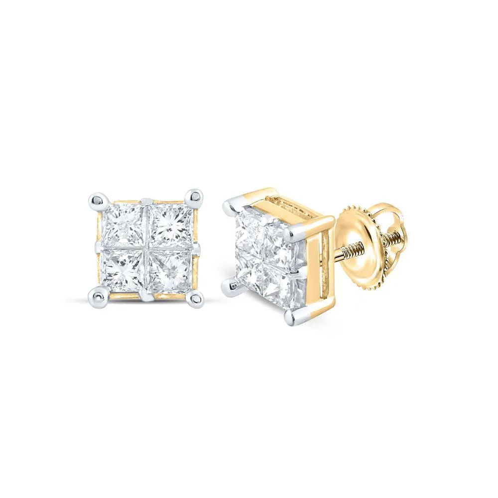 1 cttw Princess Diamond Square Cluster Stud Earrings 14k Yellow Gold Screw Back