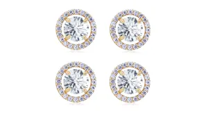 18k Yellow Gold Plated 6mm 3Ct Round White Sapphire Set of Two Halo Stud Earrings