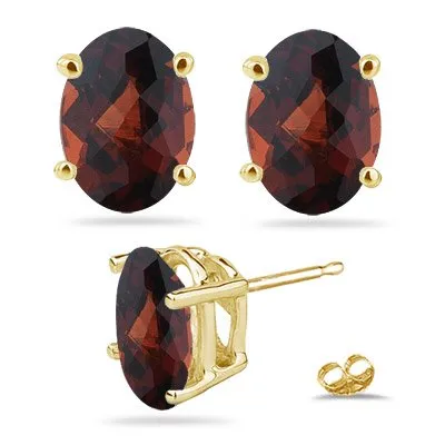 3.36-3.40 Cts of 8x6 mm AA Oval Checker Board Garnet Stud Earrings in 14K Yellow Gold