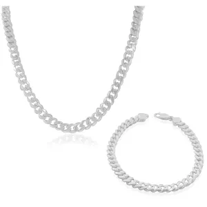 925 Sterling Silver Classic 8MM Curb Necklace Bracelet Mens Set - Made in Italy