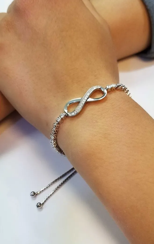 925 Sterling Silver Infinity Adjustable Bracelet with CZ
