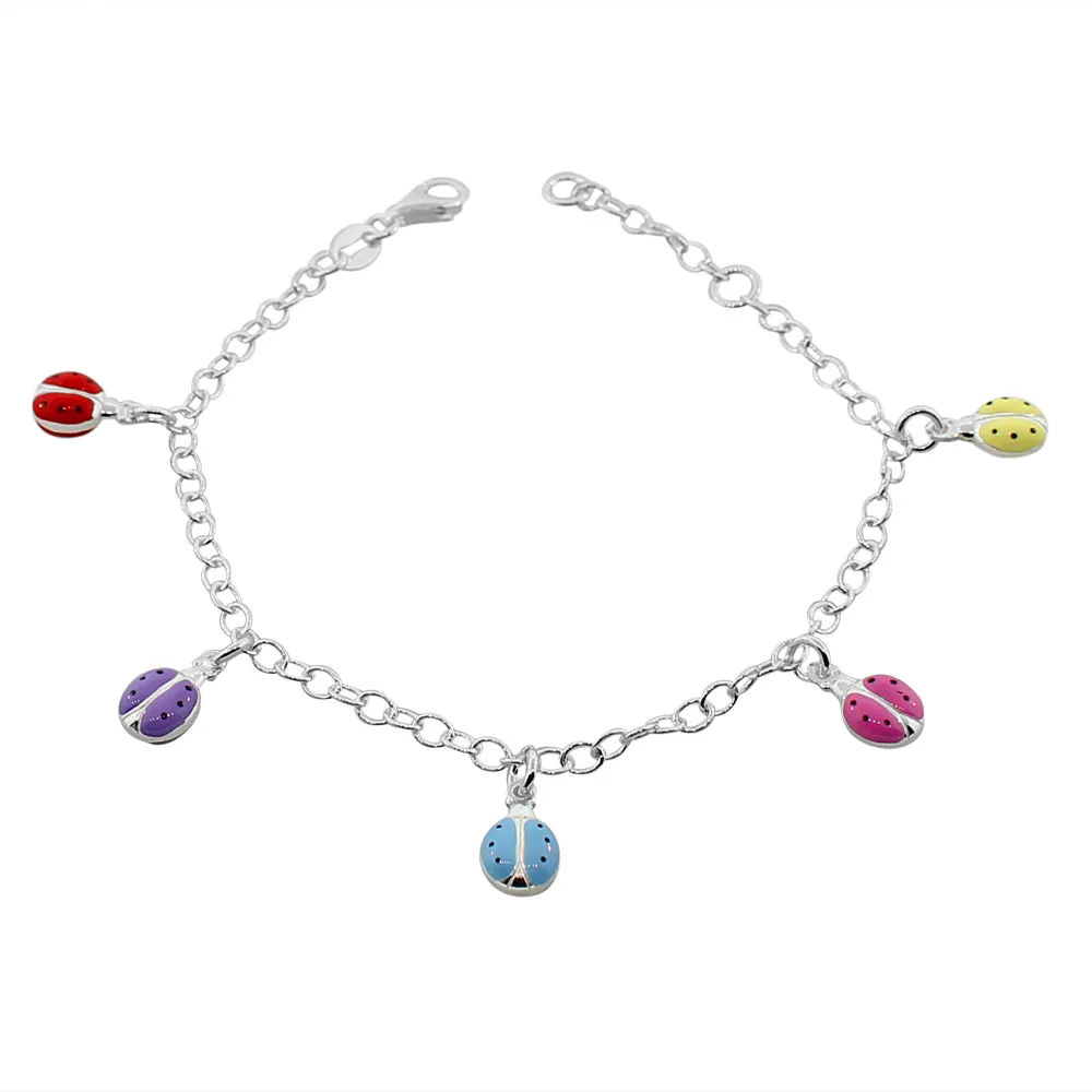 925 Sterling Silver Multicolor Enamel Ladybug Womens Girls Link Chain Bracelet
