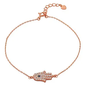 925 Sterling Silver Rose Gold-Tone White CZ Hamsa Evil Eye Womens Girls Link Chain Bracelet