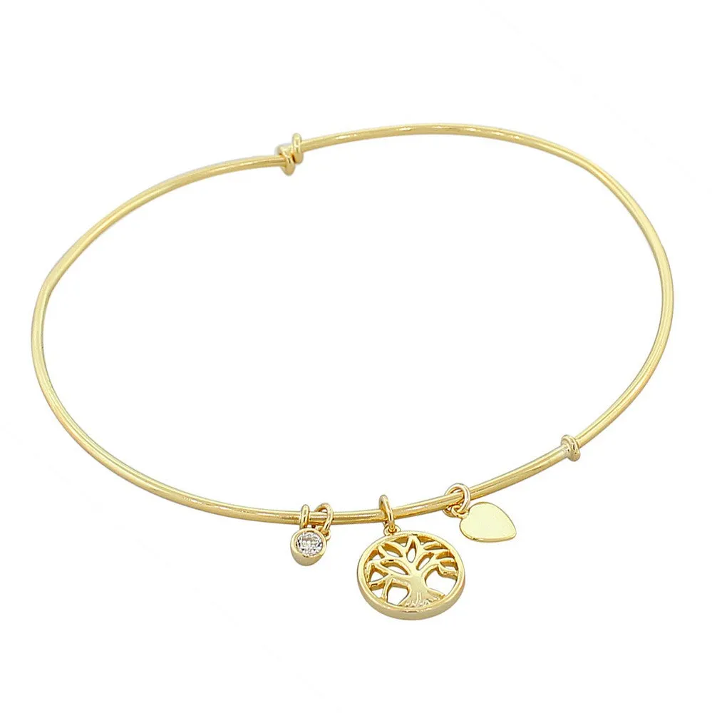 925 Sterling Silver Yellow Gold-Tone Tree of Life Love Heart Bangle Bracelet