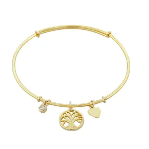 925 Sterling Silver Yellow Gold-Tone Tree of Life Love Heart Bangle Bracelet