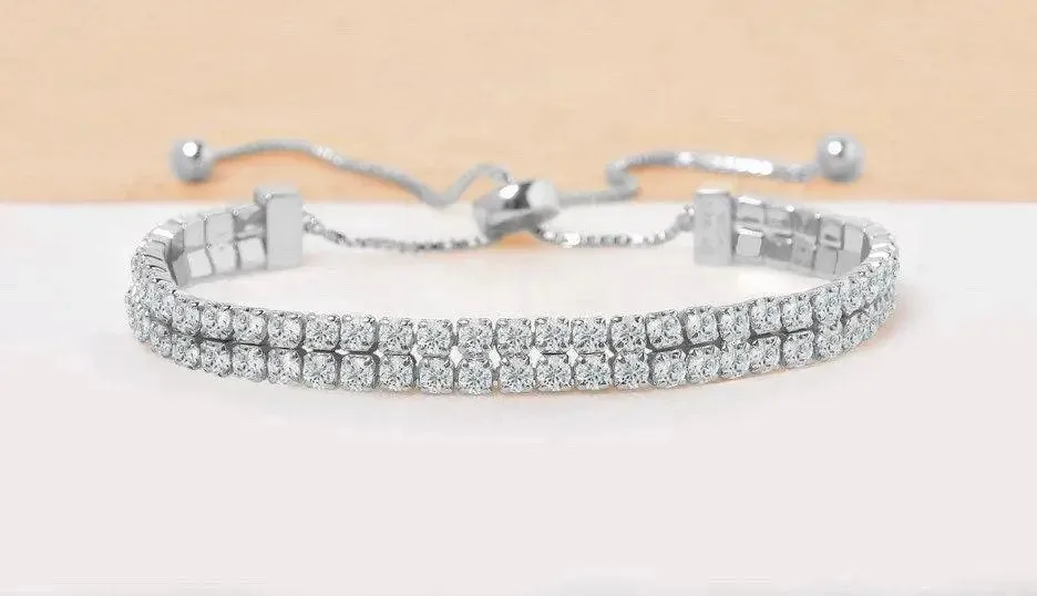 ADIRFINE 925 Sterling Silver Adjustable Two Row Cubic Zirconia Tennis Bracelet