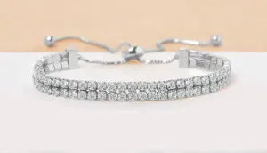 ADIRFINE 925 Sterling Silver Adjustable Two Row Cubic Zirconia Tennis Bracelet