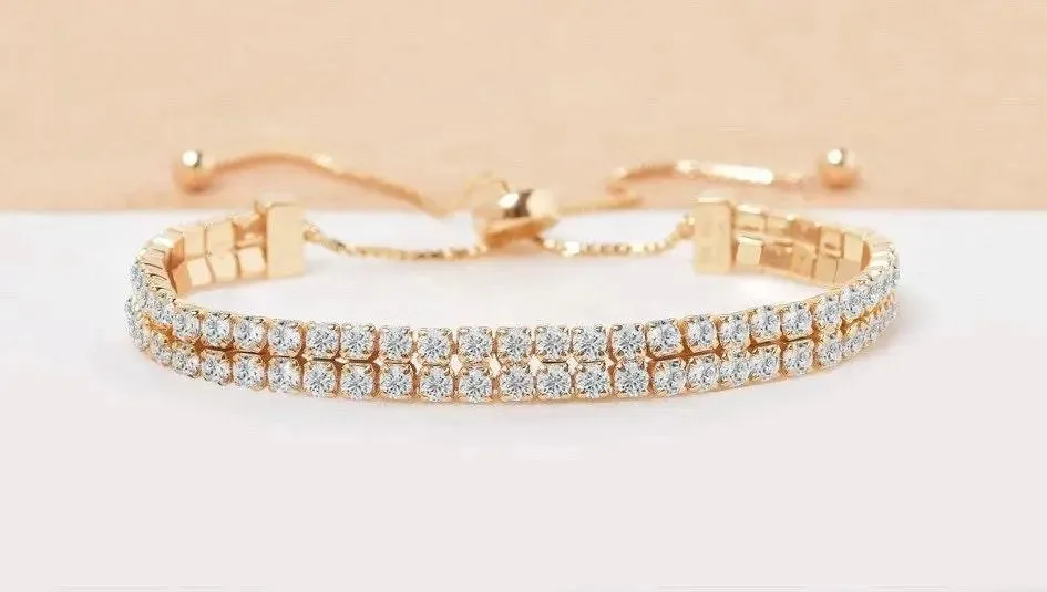 ADIRFINE 925 Sterling Silver Adjustable Two Row Cubic Zirconia Tennis Bracelet