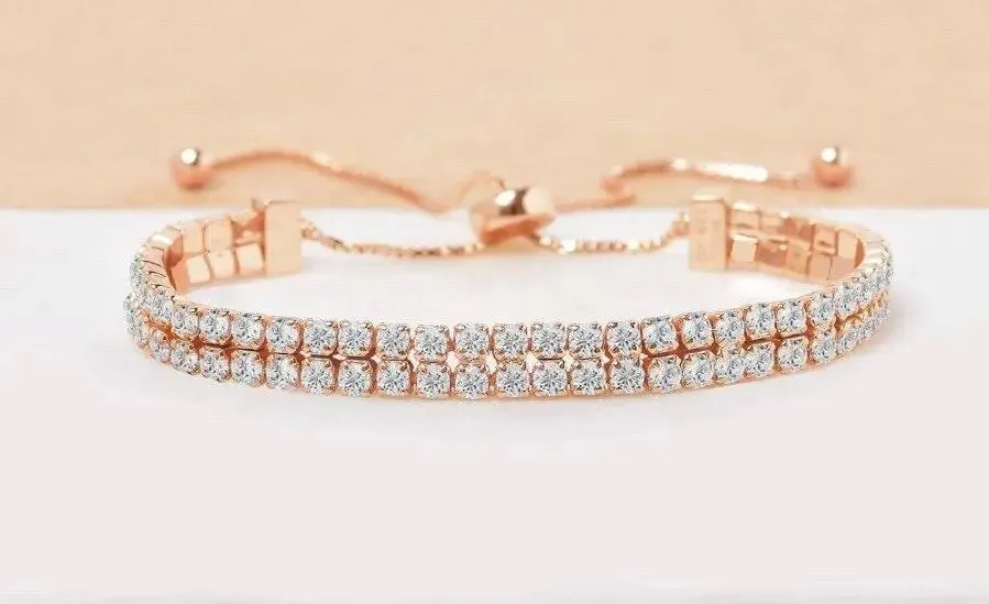 ADIRFINE 925 Sterling Silver Adjustable Two Row Cubic Zirconia Tennis Bracelet