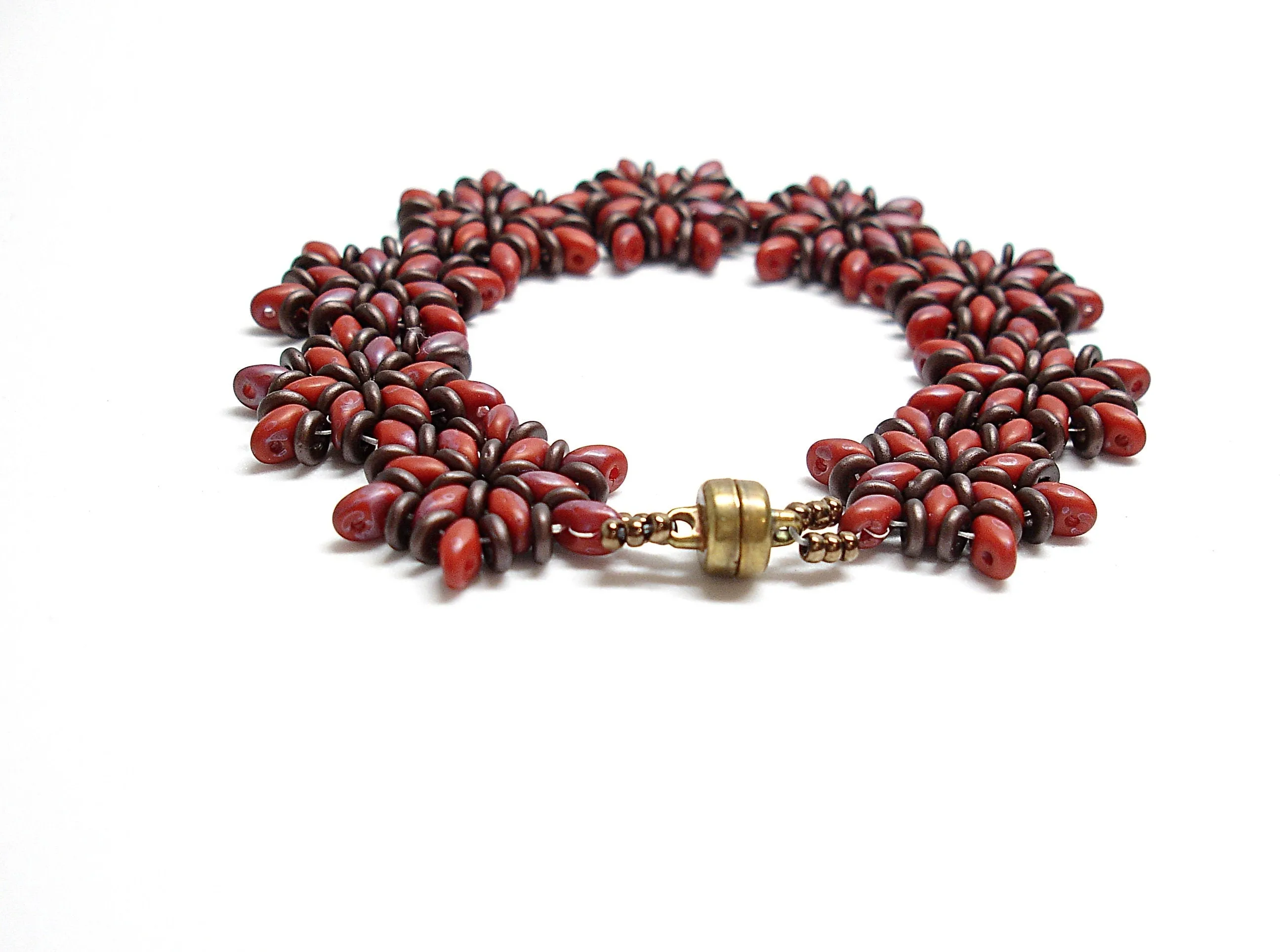 Beaded bracelet for women. Brown and red superduo bracelet. Every day jewelry
