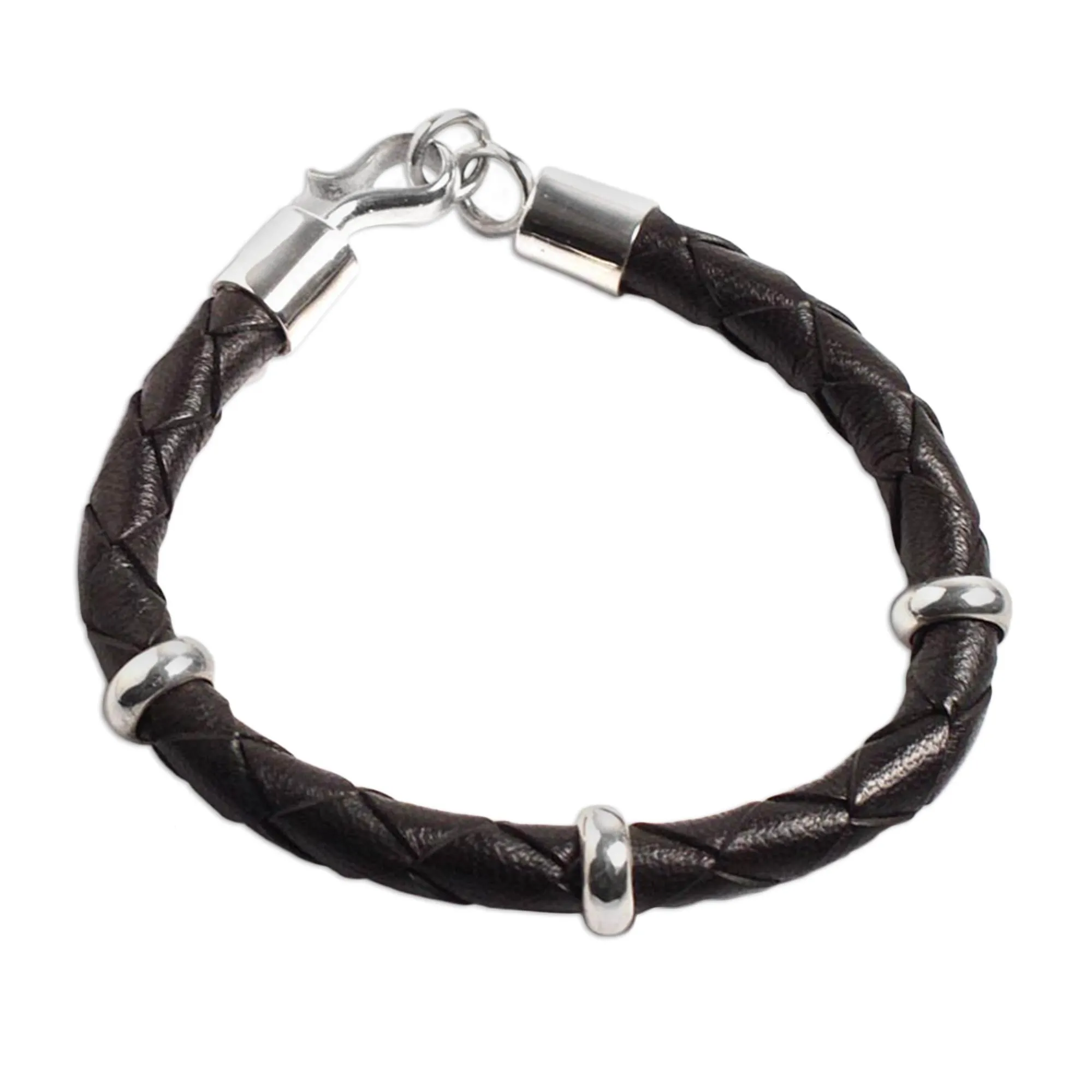 Collectible Men's Leather and Silver Wristband Bracelet - Bold Black | NOVICA