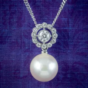 Edwardian Style Pearl Diamond Pendant Necklace 18ct Gold