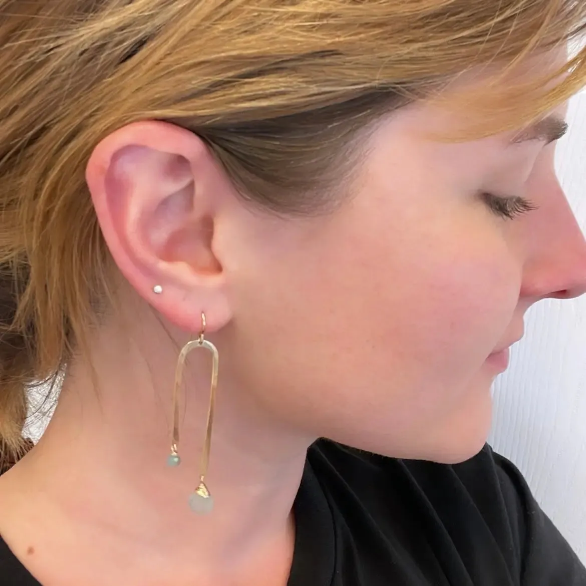 Forged Asymmetrical Arch Earring with Aqua Chalcedony