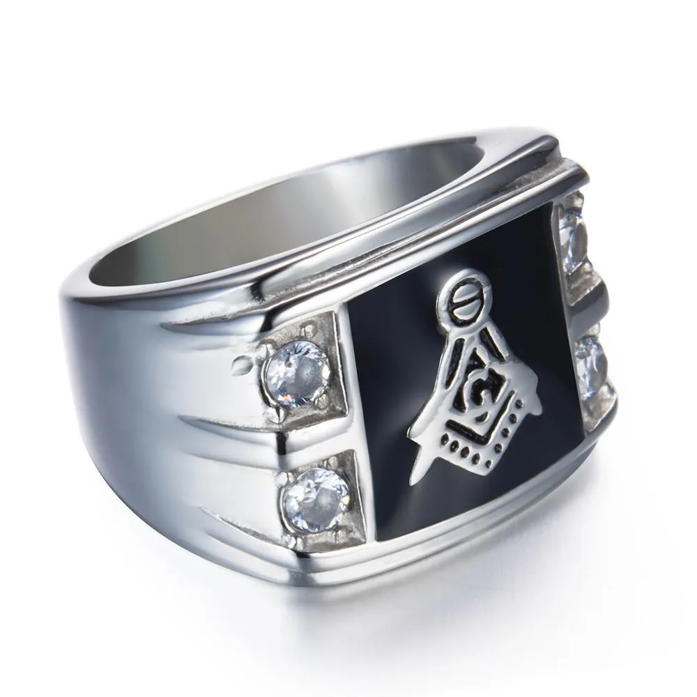 Men's Gold &amp Rhinestone Signet Masonic Ring