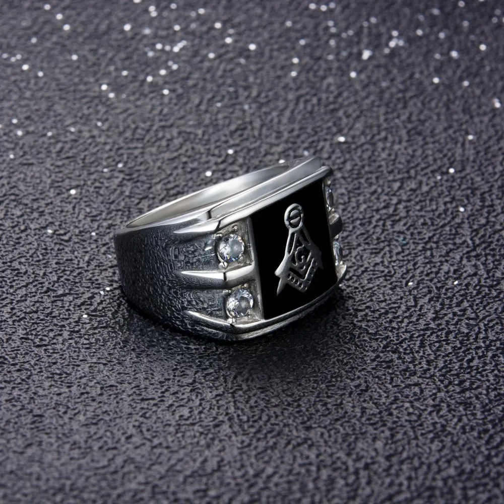 Men's Gold &amp Rhinestone Signet Masonic Ring