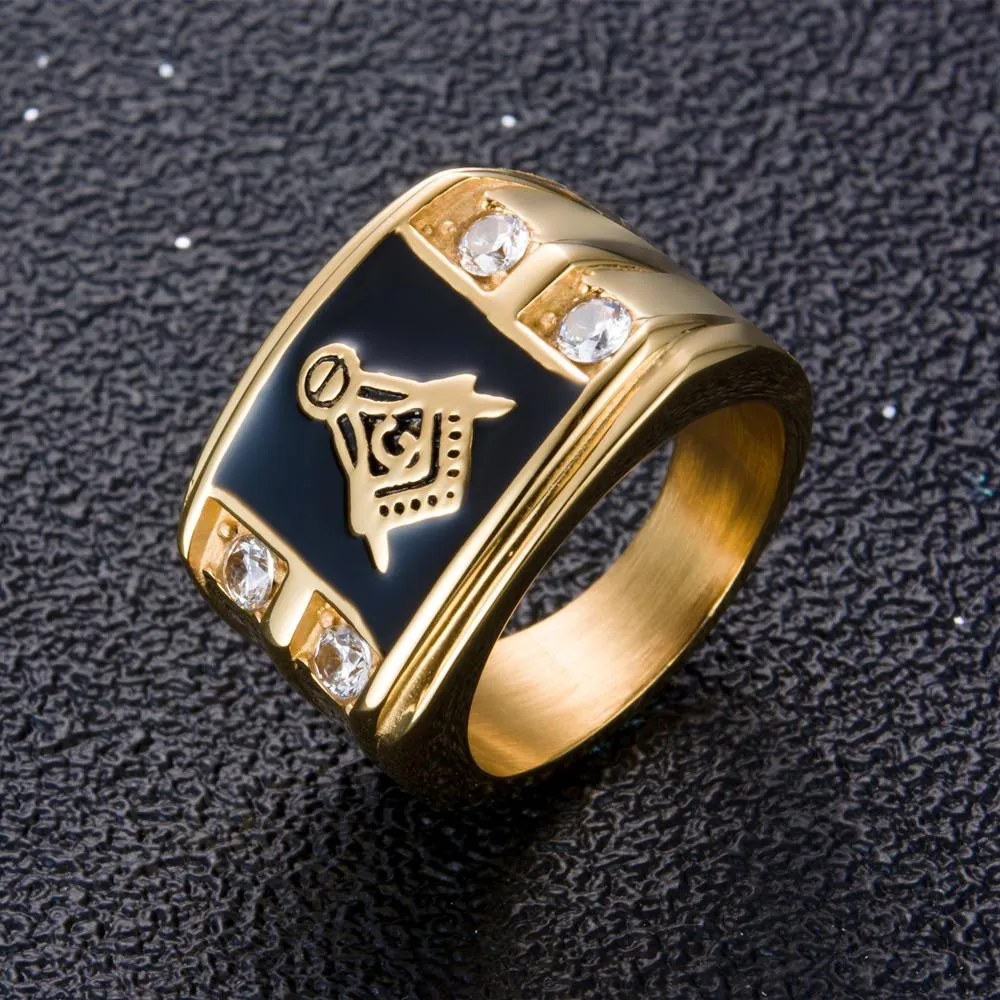 Men's Gold &amp Rhinestone Signet Masonic Ring