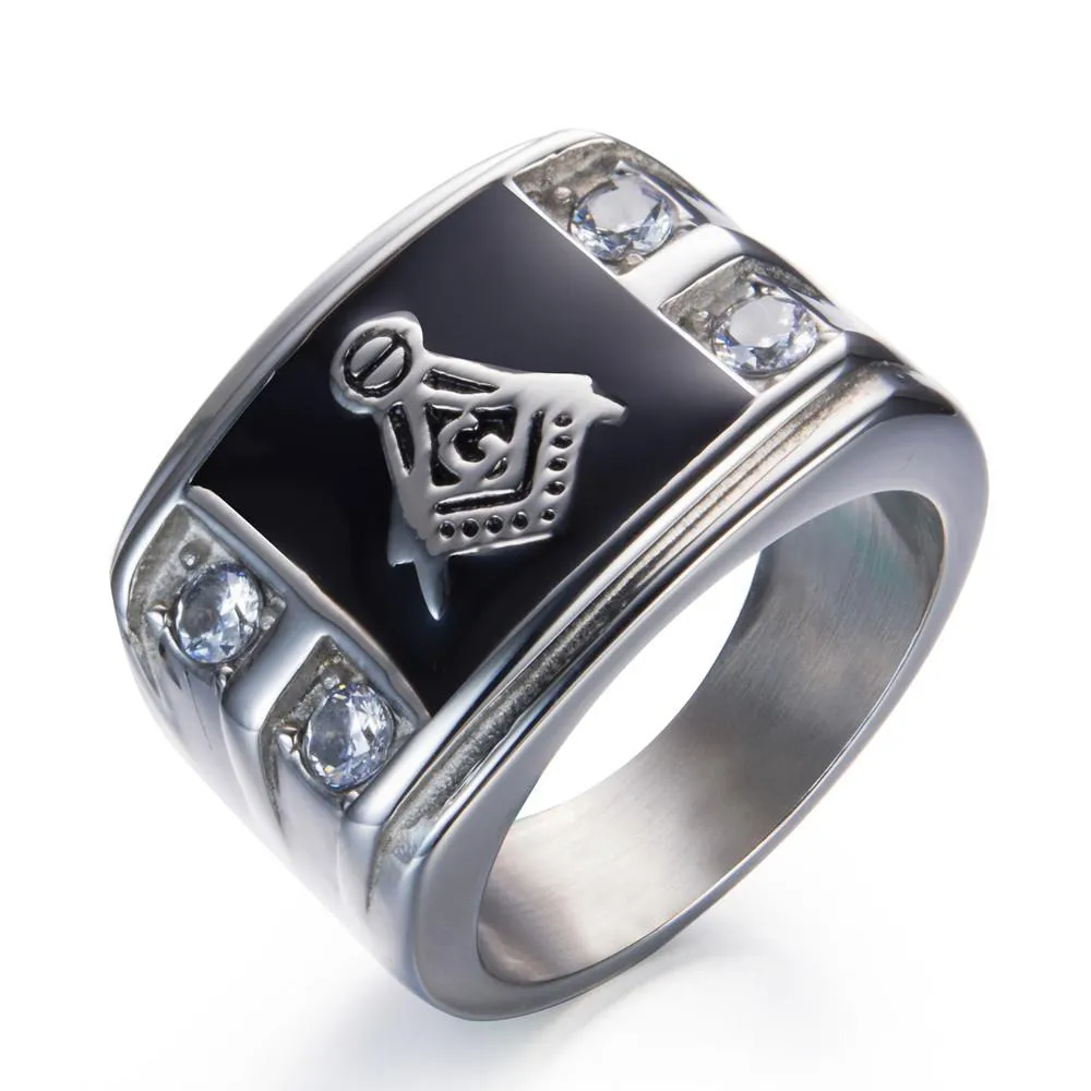 Men's Gold &amp Rhinestone Signet Masonic Ring