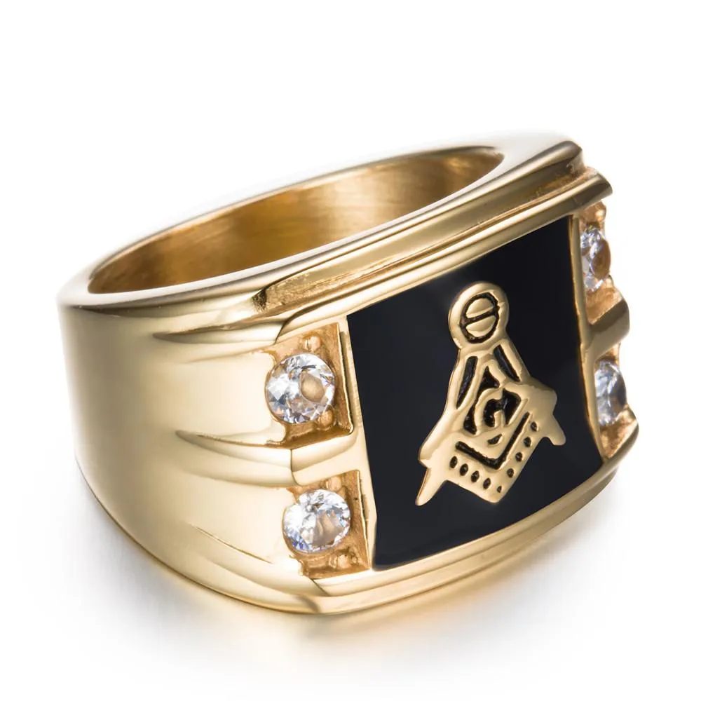 Men's Gold &amp Rhinestone Signet Masonic Ring