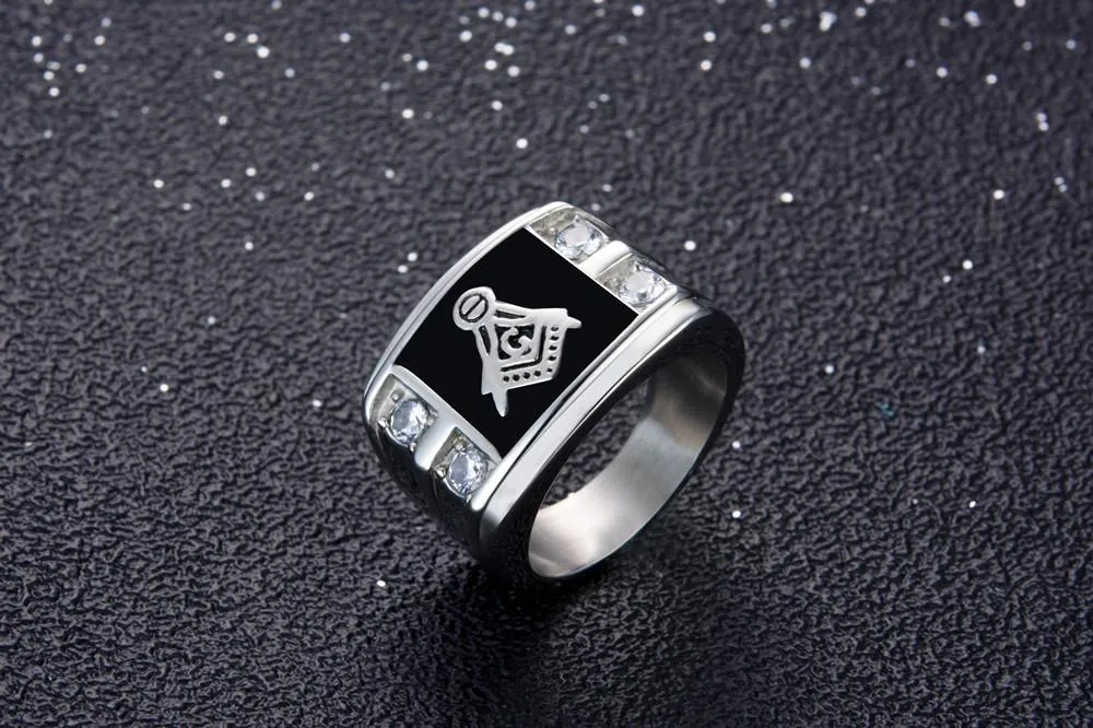 Men's Gold &amp Rhinestone Signet Masonic Ring