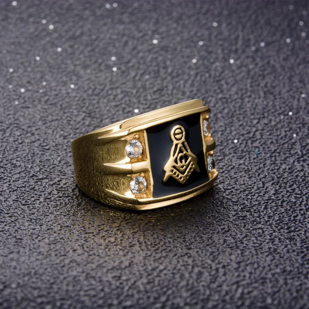 Men's Gold &amp Rhinestone Signet Masonic Ring