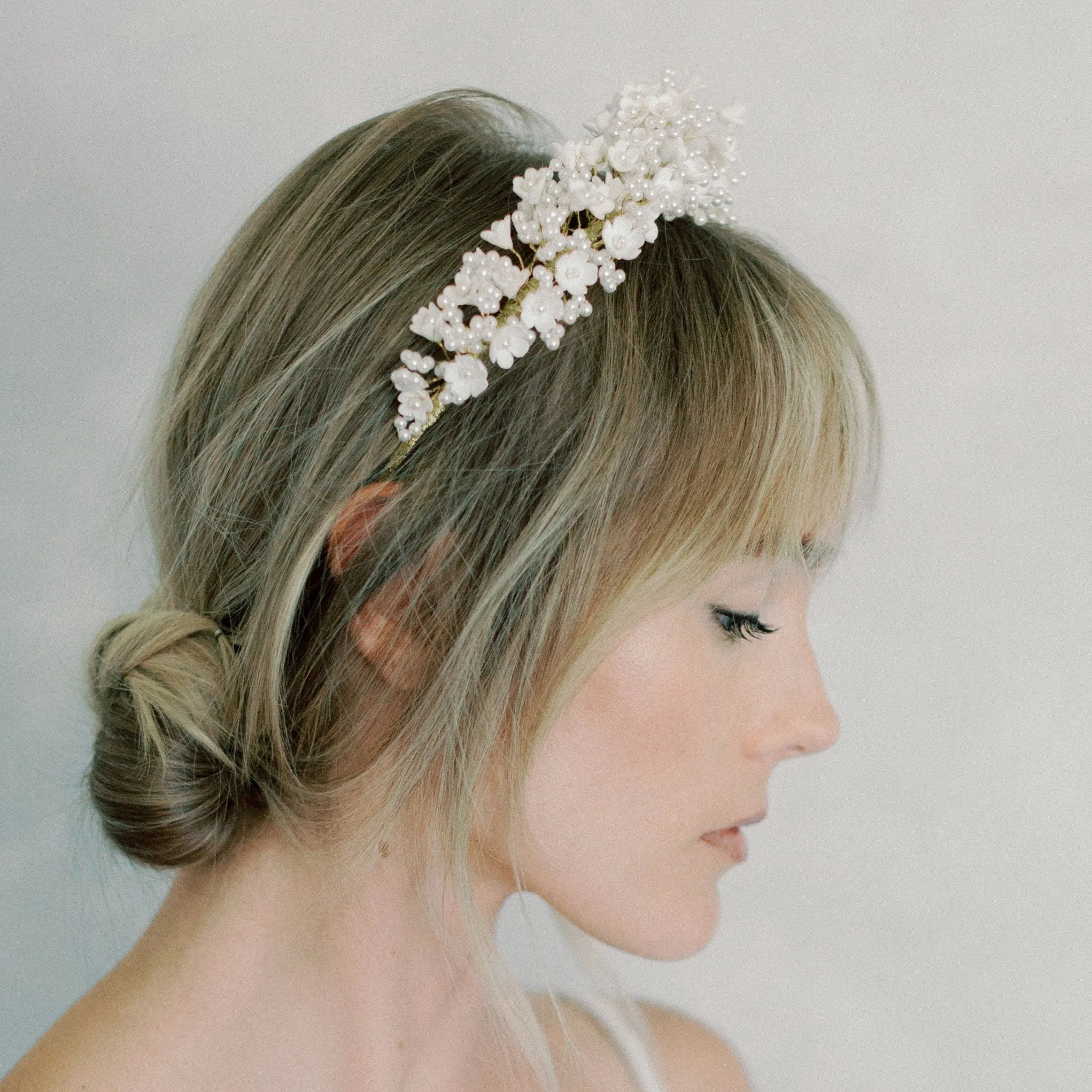 pearls and clay flowers bridal crown, baby beath wedding headband style 22001