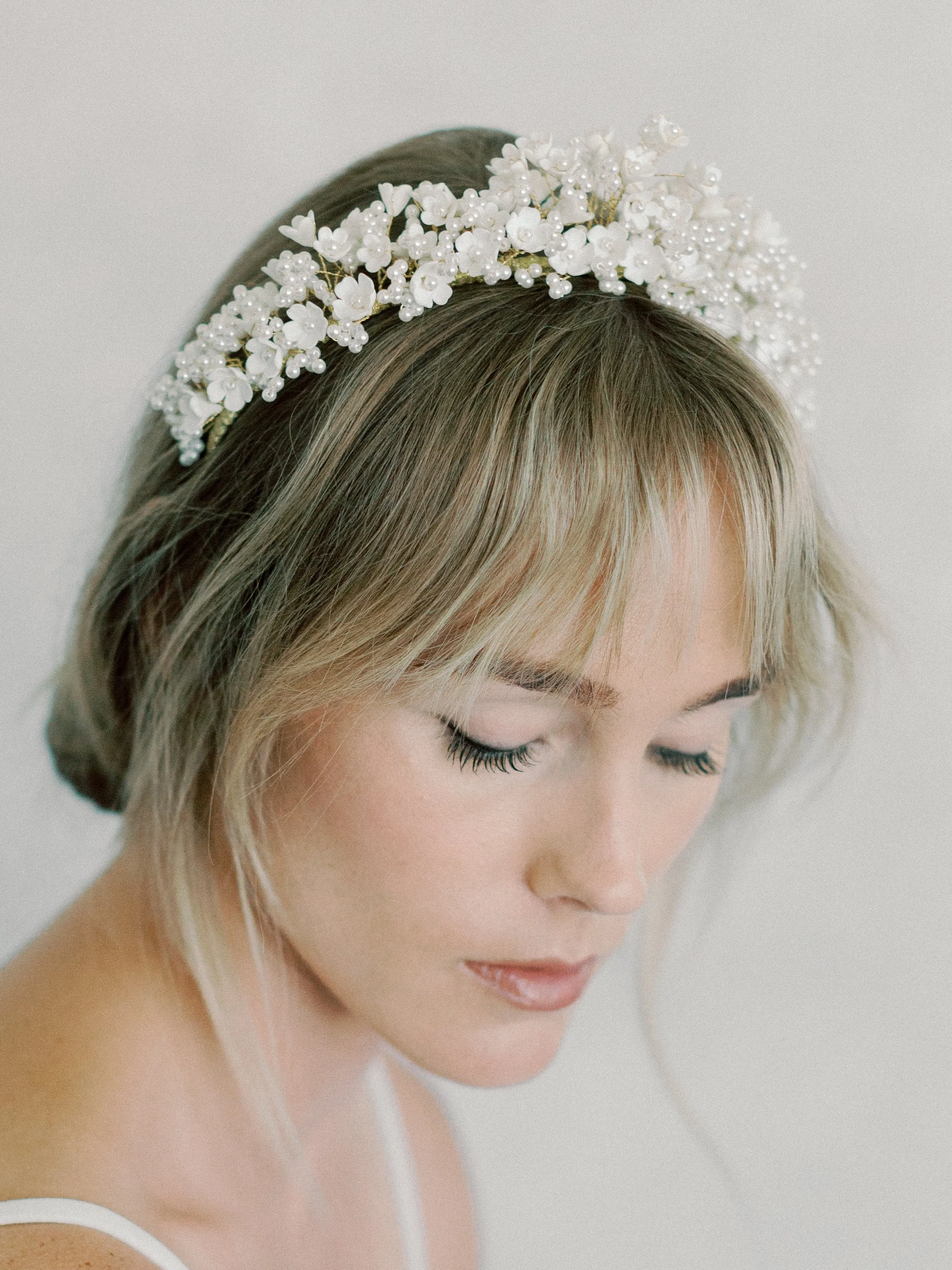 pearls and clay flowers bridal crown, baby beath wedding headband style 22001