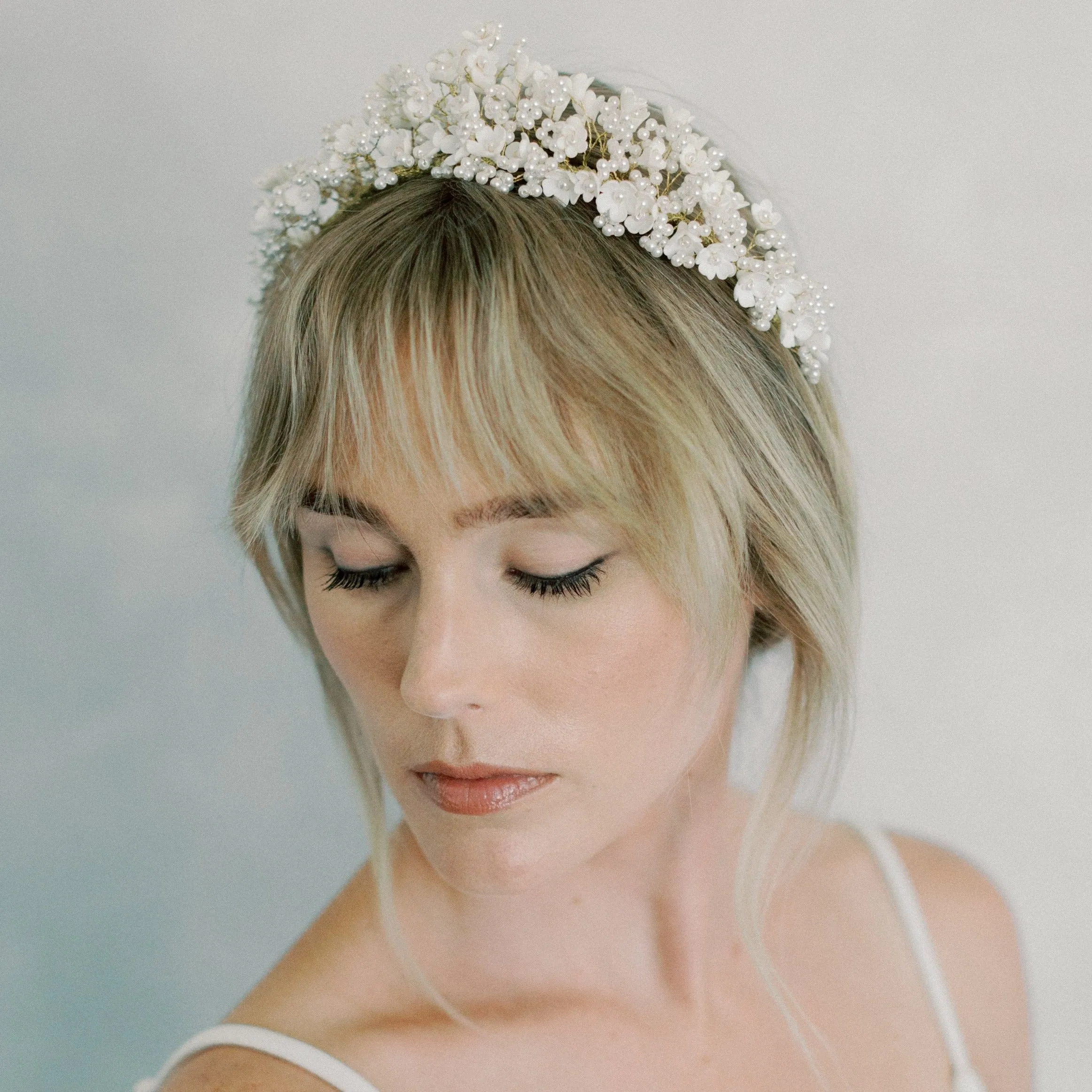pearls and clay flowers bridal crown, baby beath wedding headband style 22001