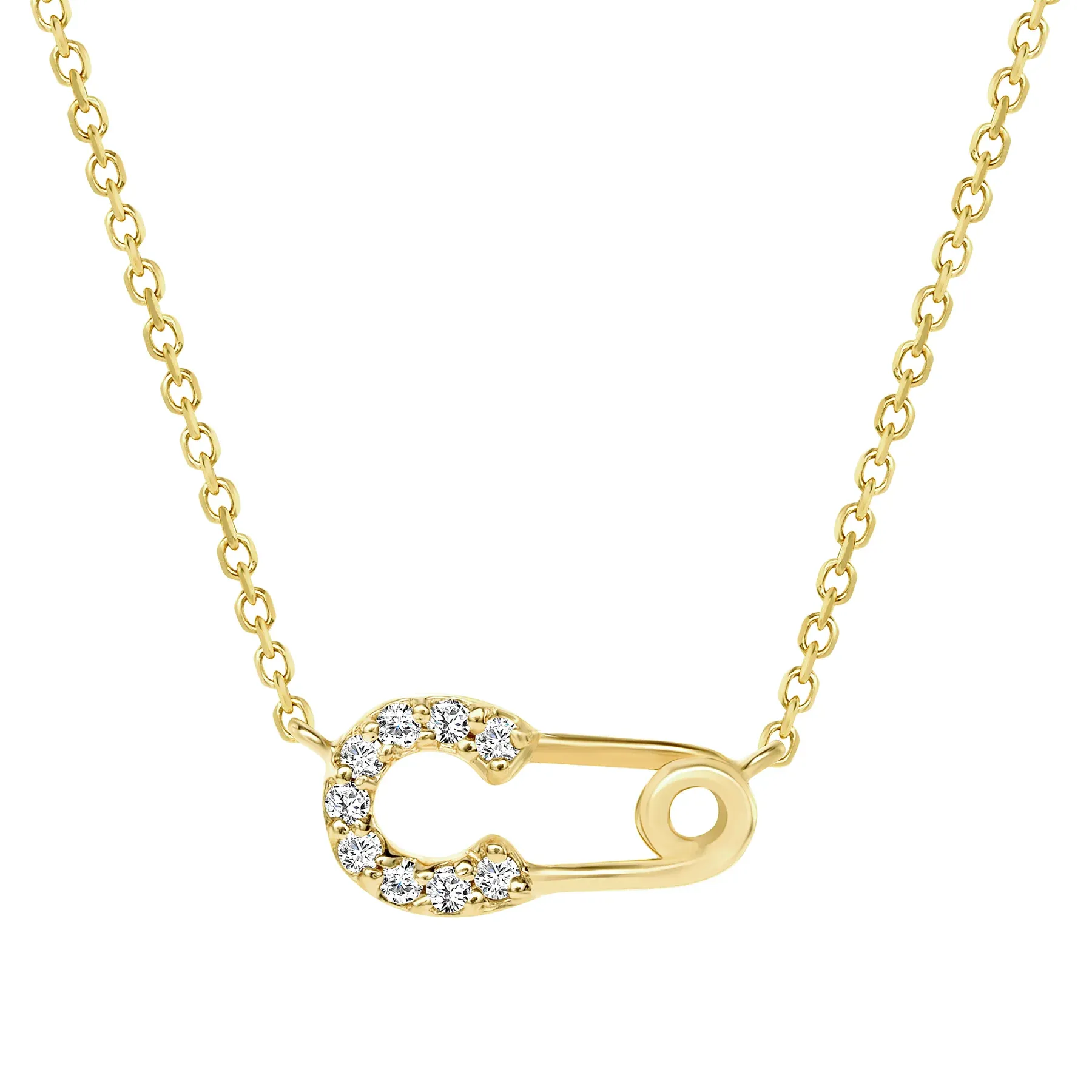 Round Diamond Safety Pin 14K Gold Pendant Necklace
