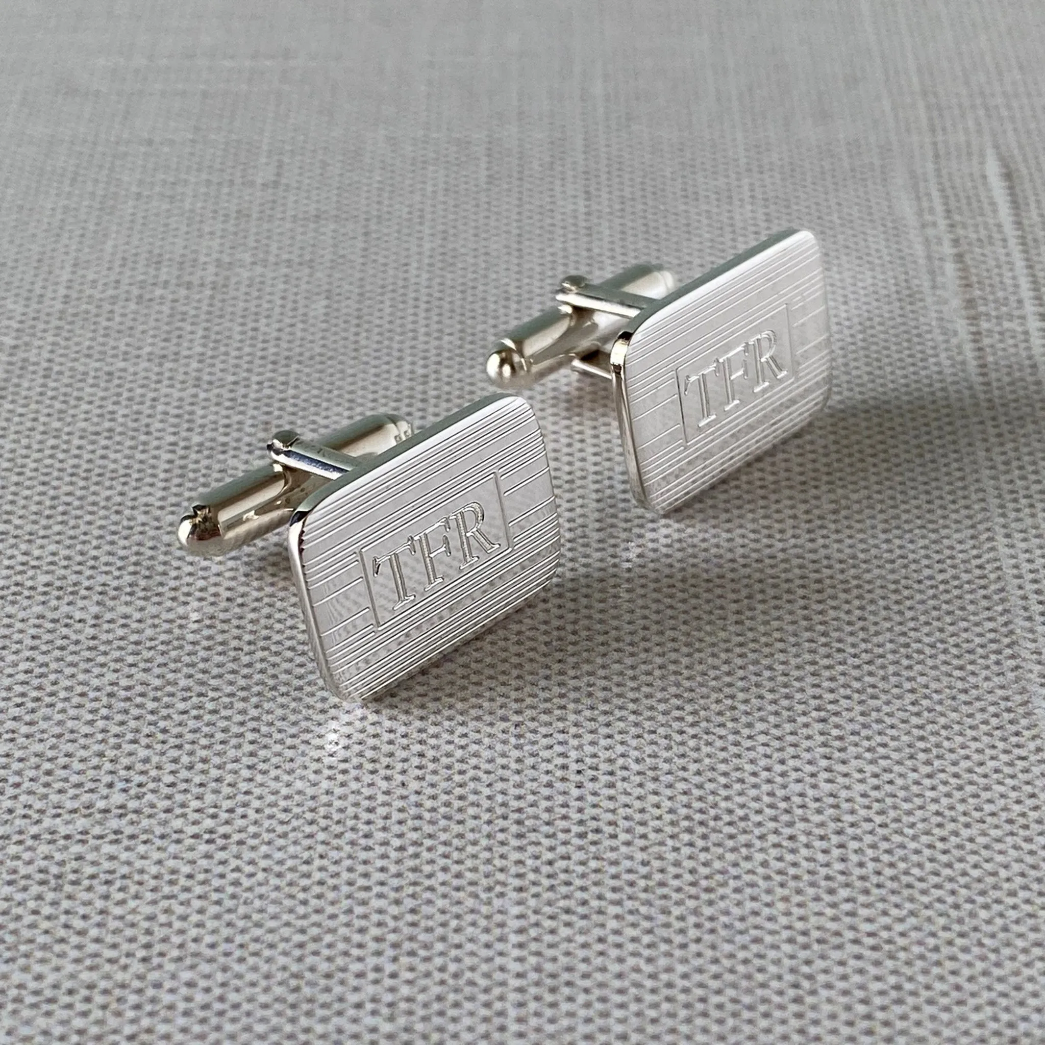 Sterling Silver Engine Turned Rectangle Cushion Cufflinks