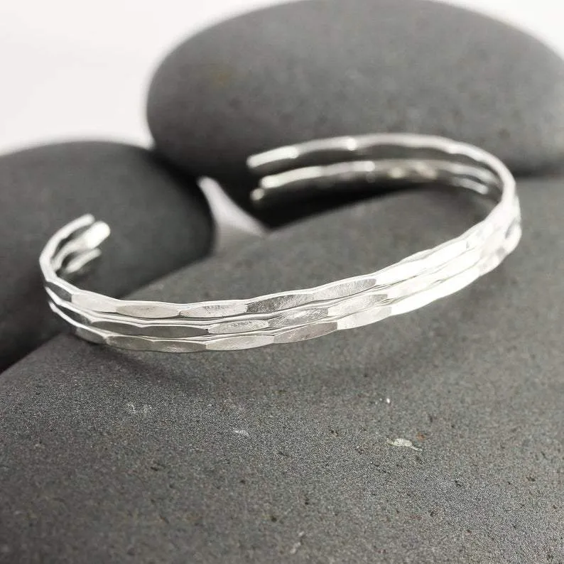 Thin Hammered 14K White Gold Cuff Bracelet