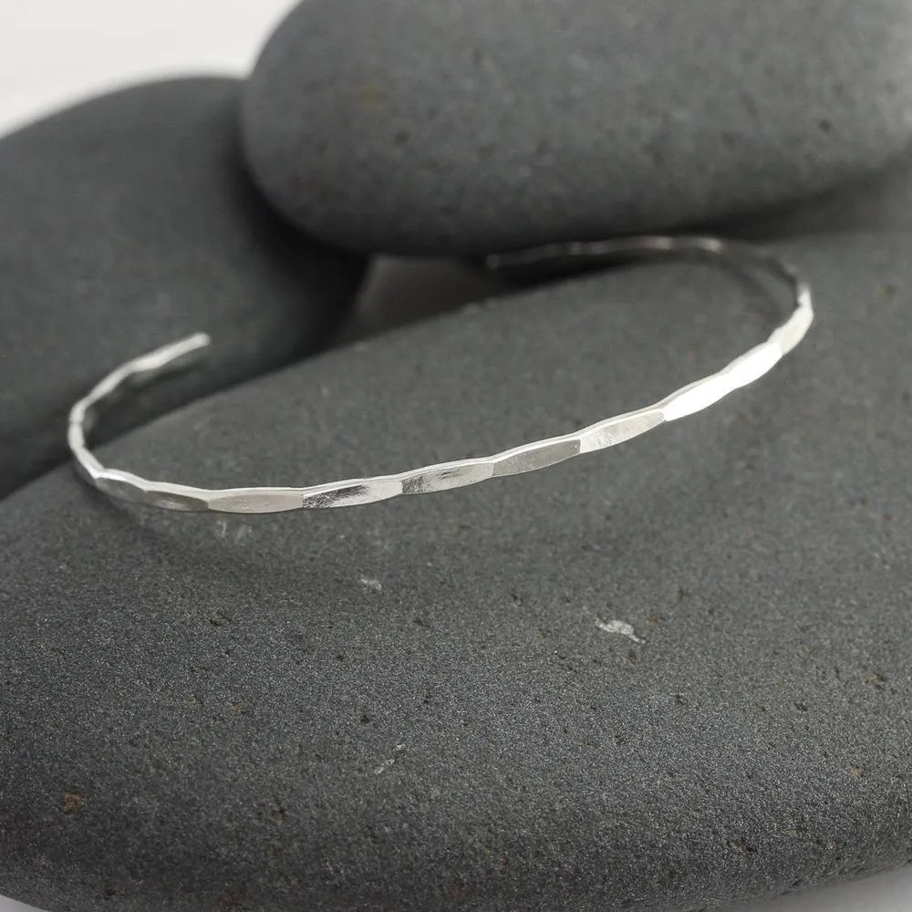 Thin Hammered 14K White Gold Cuff Bracelet