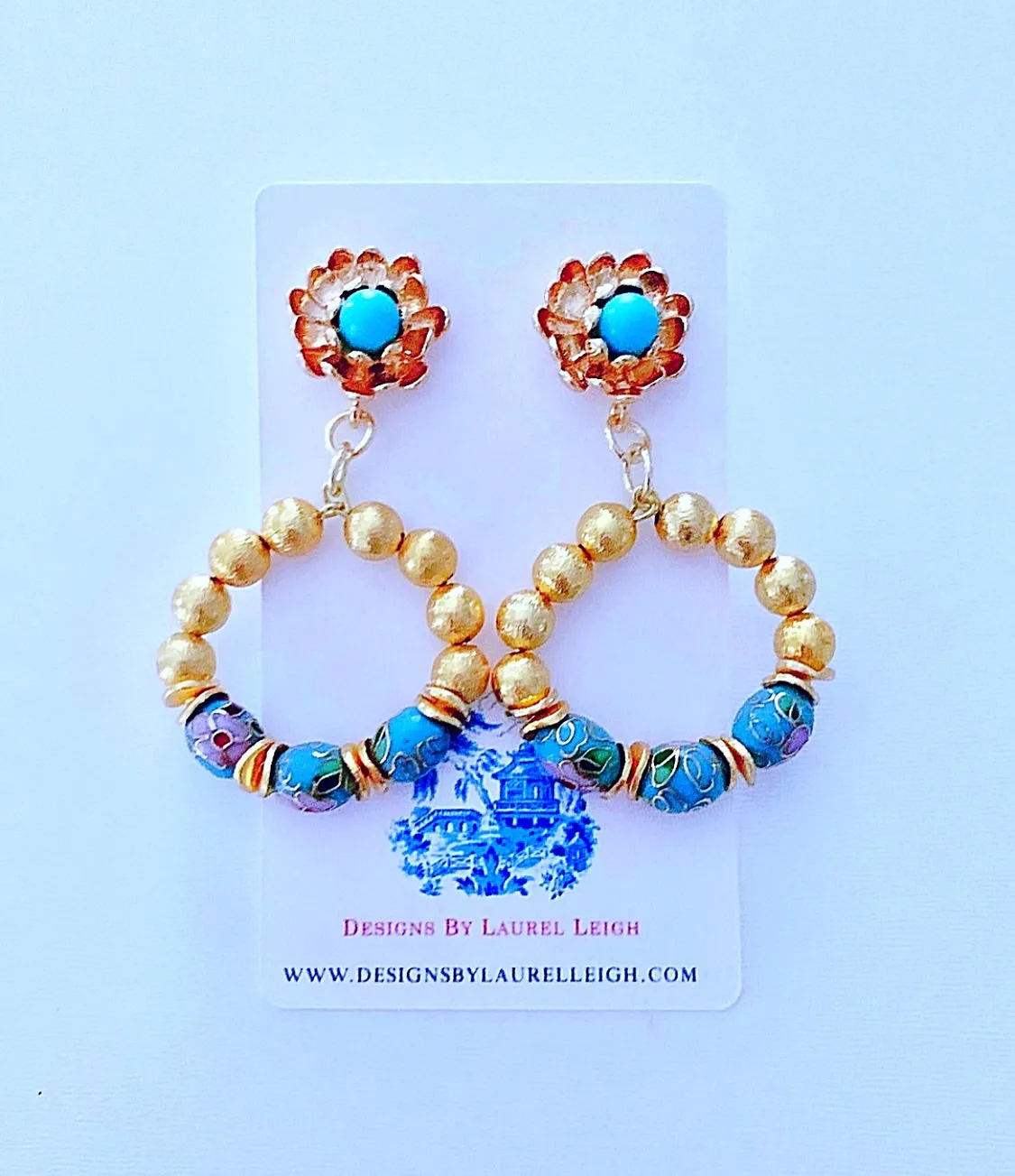 Turquoise and Gold Cloisonne Beaded Floral Post Hoops
