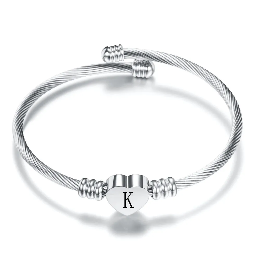Women A-Z Initial Letter Love Heart Alphabet Name Cuff Bracelets