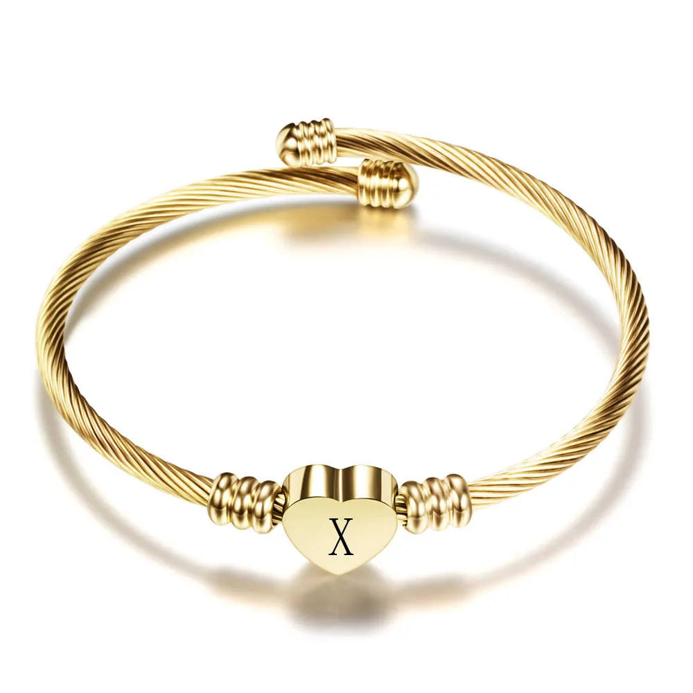 Women A-Z Initial Letter Love Heart Alphabet Name Cuff Bracelets