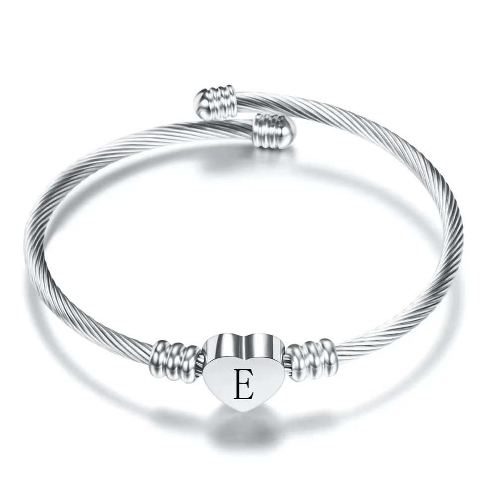 Women A-Z Initial Letter Love Heart Alphabet Name Cuff Bracelets