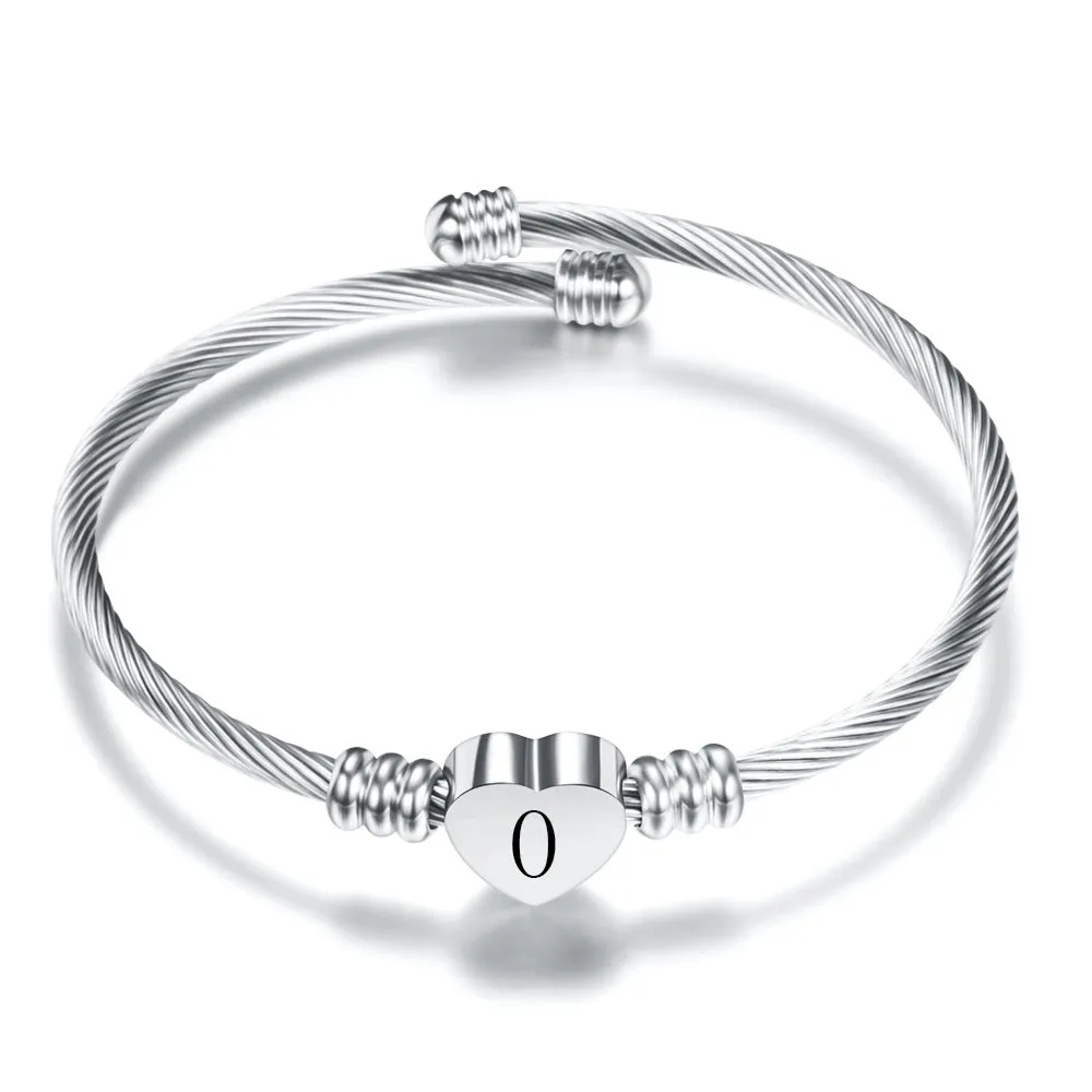 Women A-Z Initial Letter Love Heart Alphabet Name Cuff Bracelets