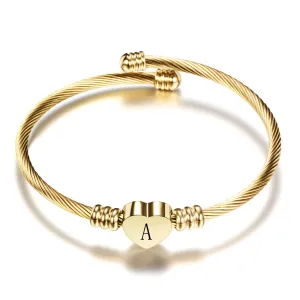 Women A-Z Initial Letter Love Heart Alphabet Name Cuff Bracelets