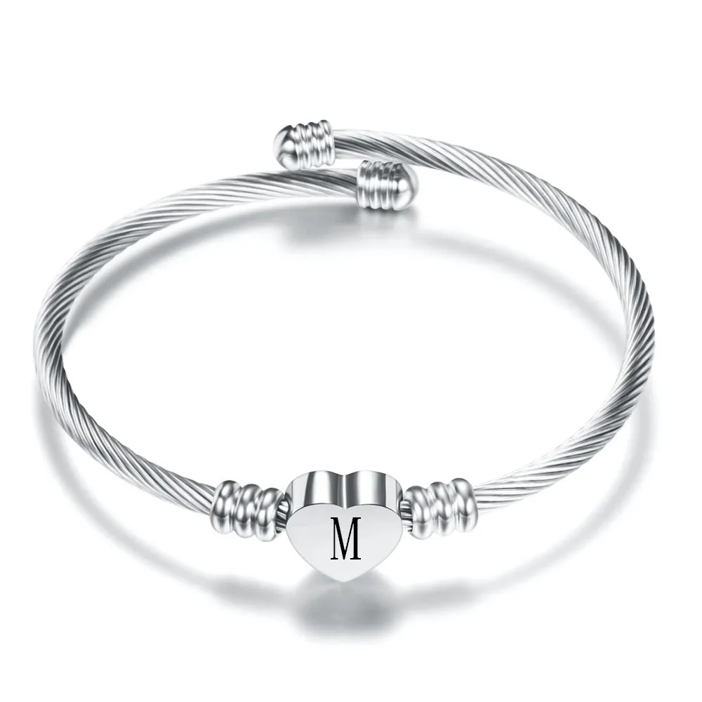 Women A-Z Initial Letter Love Heart Alphabet Name Cuff Bracelets