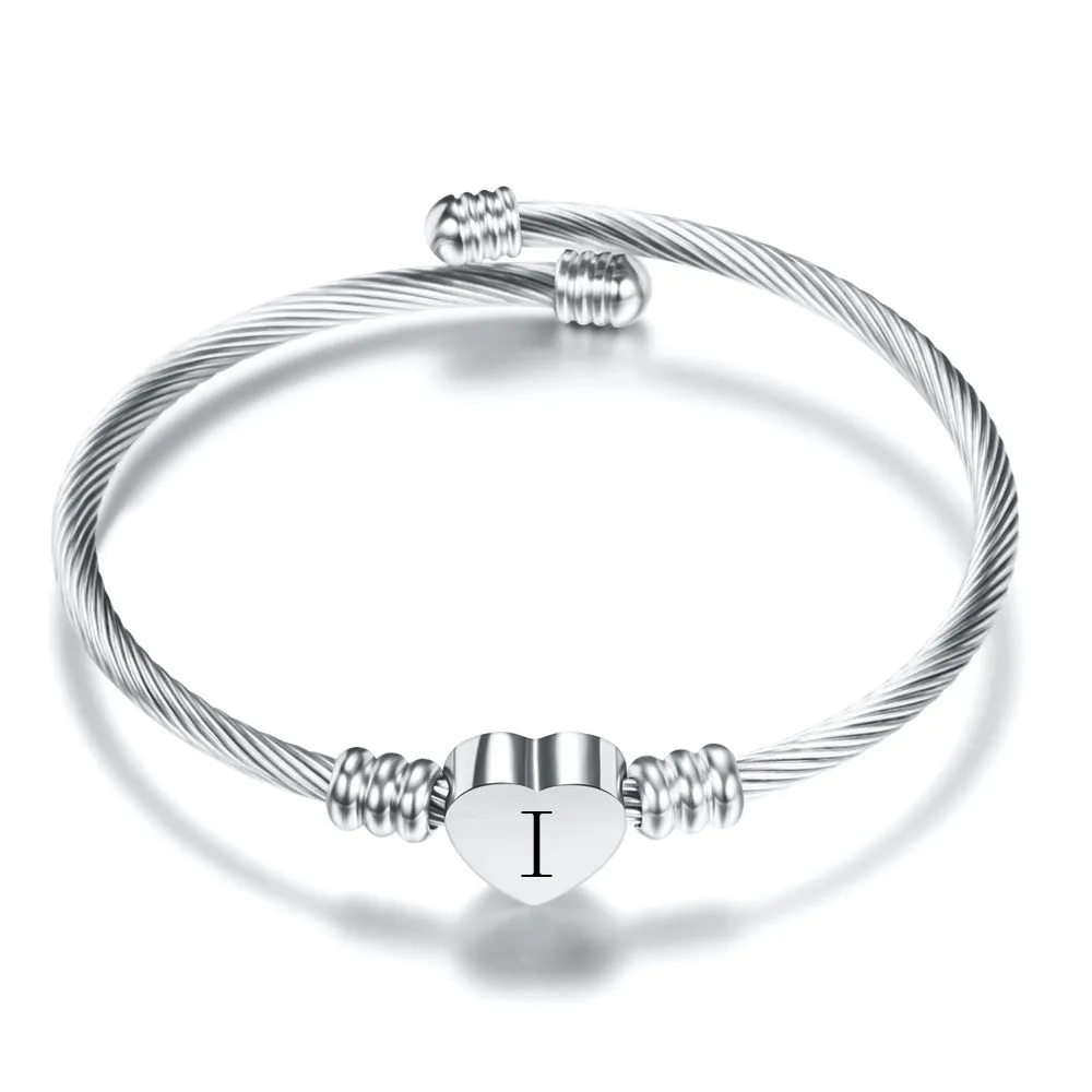 Women A-Z Initial Letter Love Heart Alphabet Name Cuff Bracelets